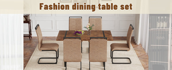 English Elm Table And Chair Set - Retro Rectangular Dining Table With Fishbone Mdf Top & 6 Stylish Brown Chairs W1151S03141-GIGA