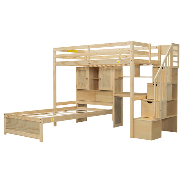 English Elm Twin Over Twin Loft Bed with Built-In Desk, Stairs, Shelving and Storage Headboard for Space-Saving Rooms Natural GX000465AAN