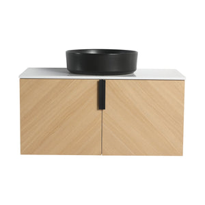 English Elm 36" Bathroom Vanity With Ceramic Vessel Sink & White Stone Top - Modern Wall-Mounted Design, Soft-Close Doors W999S00449