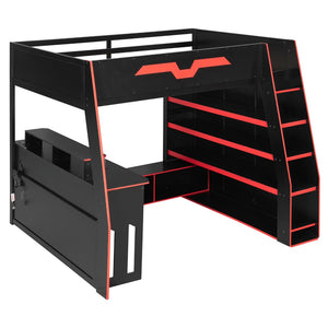 English Elm Full Size Wood Loft Bed with Rgb Lighting Desk and Multi-tier Shelves for Gaming Red LT000374AAR