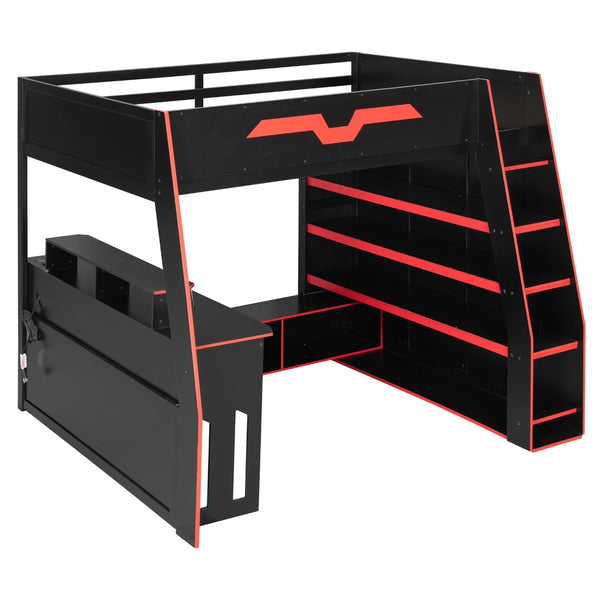 English Elm Full Size Wood Loft Bed with Rgb Lighting Desk and Multi-tier Shelves for Gaming Red LT000374AAR