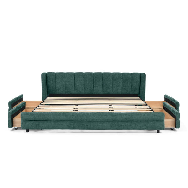 English Elm King Chenille Upholstered Platform Bed with Storage Drawers and Structured Headboard Blue+Green W487S00416