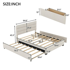English Elm Queen Linen Upholstered Platform Bed with Trundle Twin Pullout and Storage Drawers GX001313AAA