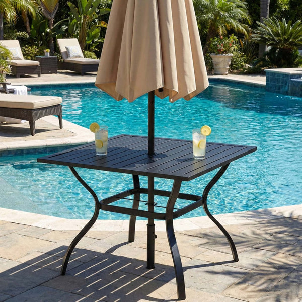English Elm Metal Square Outdoor Dining Table Powder Coated Steel Slatted Top Seats Four W5159P445936