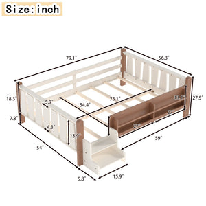 English Elm Twin Pine Floor Bed for Kids with Side Bookcases Built-in Stairs and Safety Guardrails Beige W1580P390220