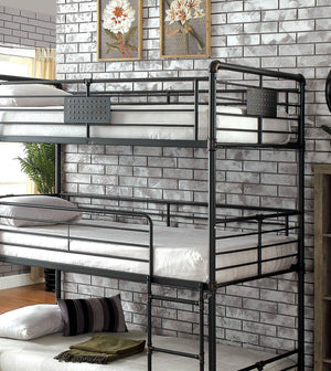 English Elm Twin Industrial-Style Triple Bunk Bed - Sturdy Metal Frame, Antique Black Finish, Dual Ladders & Guard Rails B2741S00393-GIGA