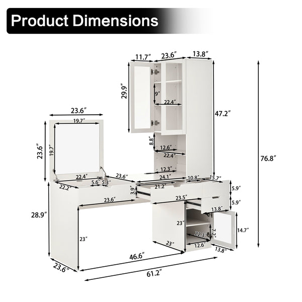 English Elm Versatile Makeup Vanity Desk with Mirror, Built-In Charging Station, 8 Hidden Storage Spaces, White N733S291664K