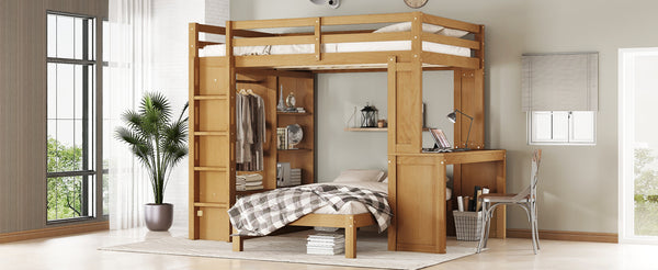 English Elm Full Solid Wood Loft Bed with Removable Lower Bed, Built-In Desk, Shelves & Wardrobe for Space-Saving Designs Natural W1580S00213
