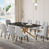 Hearth and Haven Large Modern Minimalist Rectangular Dining Table with 0.39 "Imitation Marble Black Tabletop and Golden Metal Legs, Paired with Chairs with Leatherette Cushions and Black Metal Legs. F-1537 C-007 W1151S00871 W1151S00871