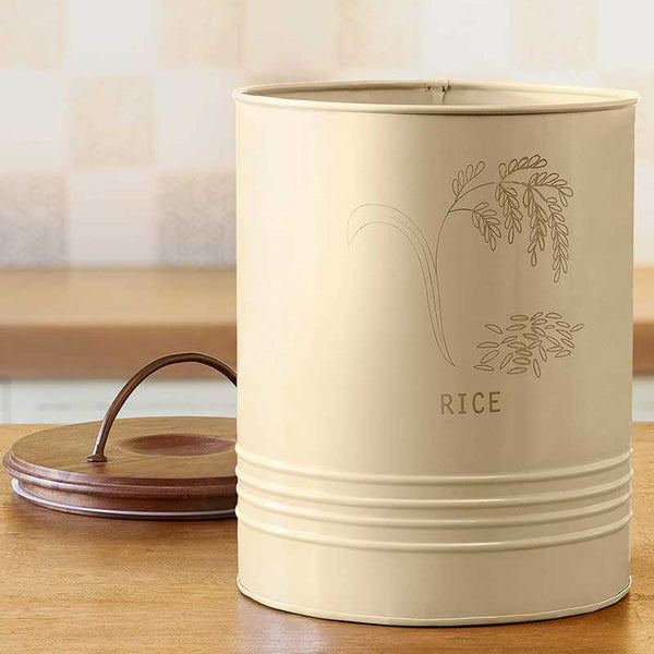 English Elm Metal Rice Storage Barrel Eggshell with Wooden Airtight Lid - 5kg Capacity Sleek Minimalist Canister for Pantry Organization, Freshness Preserving Gift B346P327367