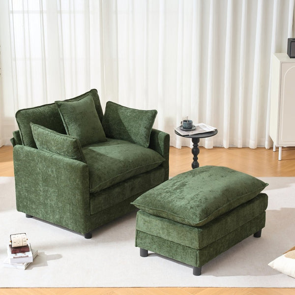 English Elm 39.4" Chenille Club Chair with Ottoman Solid Wood Frame Contemporary Living Room Seat Green W3244P427726