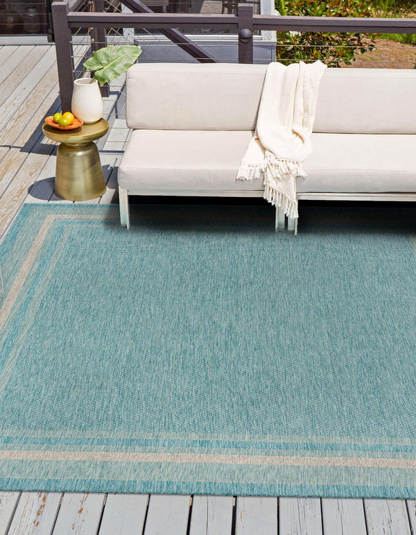 Unique Loom Outdoor Border Soft Border Machine Made Border Rug Aquamarine, Ivory 13' 0" x 13' 0"