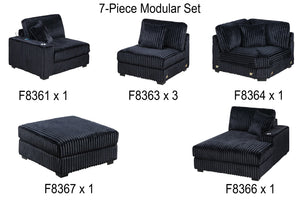 English Elm Contemporary 7 Piece Modular U Shaped Sectional Sofa in Plush Black Corduroy with Usb Port B011S02236