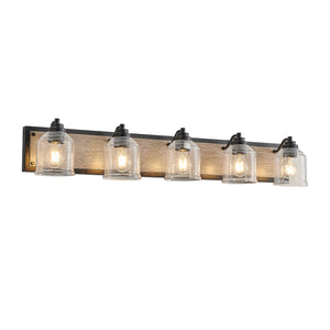 English Elm 40" Farmhouse Vanity Light Fixture, 5-Light Industrial Bathroom Sconce with Clear Seeded Glass Shades, Black Wood Finish, Retro Chic Design W2312P374828