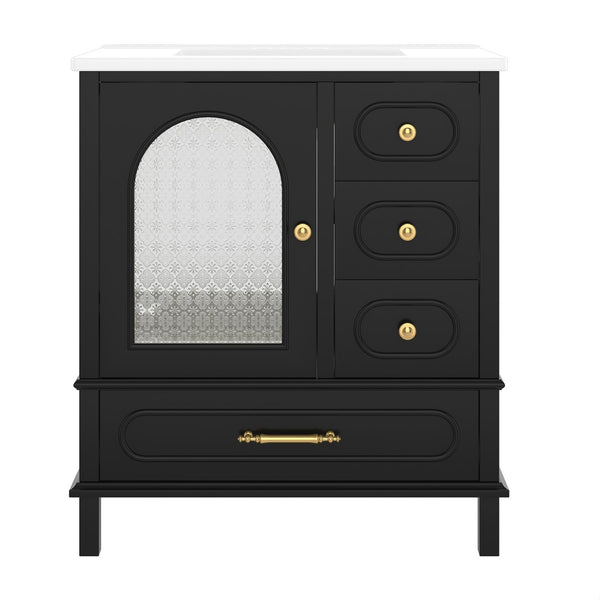 English Elm 30" Freestanding Bathroom Vanity Solid Wood Cabinet Ceramic Basin 3 Drawer Storage Black W1580P382511