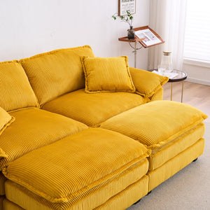 English Elm Corduroy Plush 2-Seat Sofa with 2 Back Cushions, Toss Pillows & Ottomans — Deep Seat Comfort Yellow W2363S00063