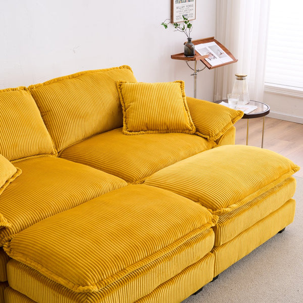 English Elm Corduroy Plush 2-Seat Sofa with 2 Back Cushions, Toss Pillows & Ottomans — Deep Seat Comfort Yellow W2363S00063