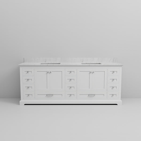 English Elm White Double Bath Vanity 84" W x 22" D with Carrara Marble Top, Solid Wood, 14 Drawers, Soft-Close B2731P258291