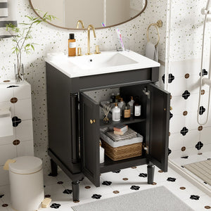 English Elm 24'' Modern Bathroom Vanity with Ceramic Basin, Solid Wood Frame, Soft-Close Doors, Ample Storage Black N710P190503B