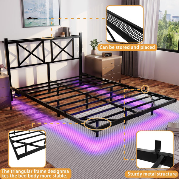 English Elm Queen Platform Bed with Rgb Led Underglow Storage Headboard and Usb Charging Ports W840P383354