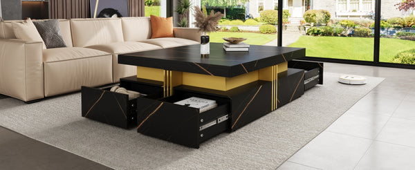 English Elm Modern Black Gold Square Storage Coffee Table with 4 Drawers, MDF Pedestal, Luxe Accent & 800lb Top Capacity CH306808AAB