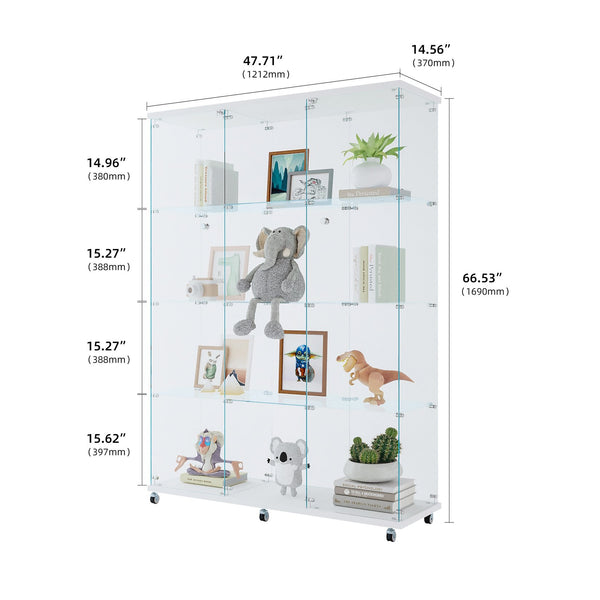 English Elm 3 Door Glass Cabinet Tempered Glass Display Showcase with Lockable Doors, 4 Shelves for Collectibles White W1510S00019