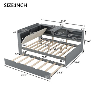 English Elm Wood Full Size platform bed with trundle, built-in storage headboard and shelves, sturdy pine frame Gray GX002055AAE
