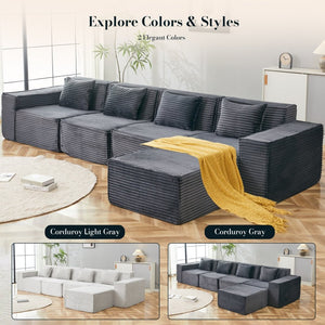 English Elm L-shaped Modular Sectional with Ottoman Corduroy Upholstery Four Seat Living Room Sofa Dark Gray W2699S00092