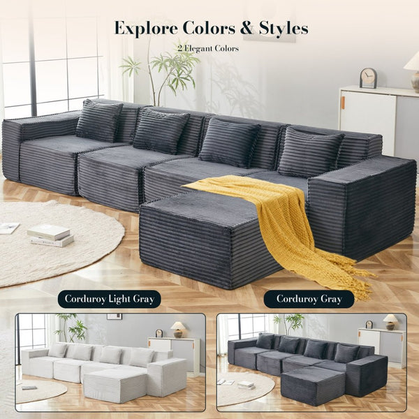 English Elm L-shaped Modular Sectional with Ottoman Corduroy Upholstery Four Seat Living Room Sofa Dark Gray W2699S00092