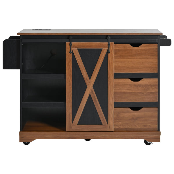 English Elm K&K 55.5" Farmhouse Kitchen Island with Sliding Barn Door, Drop Leaf, Charging Station, Wheels Black N707P288229B
