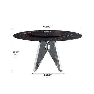 English Elm 59.05" Round Marble Dining Table With Silver Stainless Steel Base, Lazy Susan For 6-8 Guests, Elegant Design W1535S00392