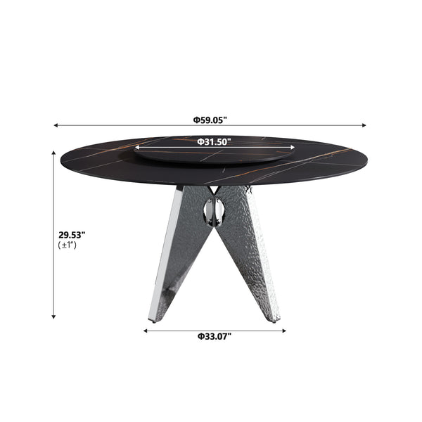 English Elm 59.05" Round Marble Dining Table With Silver Stainless Steel Base, Lazy Susan For 6-8 Guests, Elegant Design W1535S00392