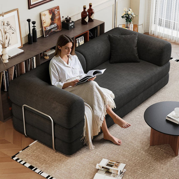 English Elm 78.8" Compression Sofa Convertible Floor Bed with Corduroy Fabric, No-Assembly Modular Futon, Supportive Backrest and Armrests Black W2824P373428