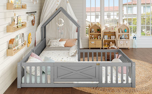 English Elm Twin House Floor Bed with Door and Full-Length Guardrails, Solid Wood Double Twin Floor Bed for Kids' Playful Rooms Grey W1580P354638