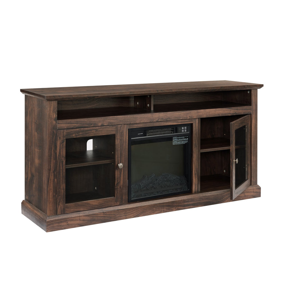 English Elm Contemporary TV Media Stand with 18" Electric Fireplace Insert, 65" TV Capacity, Brown, Ample Storage W2275S00043