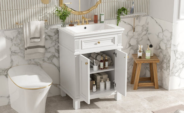 English Elm 24'' Carved Farmhouse Bathroom Vanity with Ceramic Sink Soft Close Storage Cabinet White N710P446530K