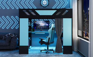 English Elm Full Size Loft Bed with Desk Blackout Curtains Rgb Lighting and Integrated Storage Black+Blue LT000377AAC