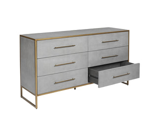Sunpan VENICE Dresser - Luxurious Grey Shagreen Six-Drawer Storage with Antique Brass Accents for Glam Spaces 105441