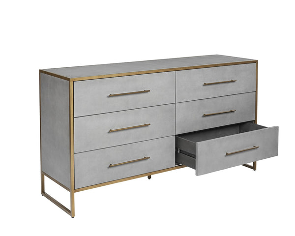 Sunpan VENICE Dresser - Luxurious Grey Shagreen Six-Drawer Storage with Antique Brass Accents for Glam Spaces 105441