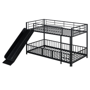 English Elm Twin Twin over Twin metal bunk bed with slide, guardrails and convertible loft design for safety and playfulness Black SF000169AAB