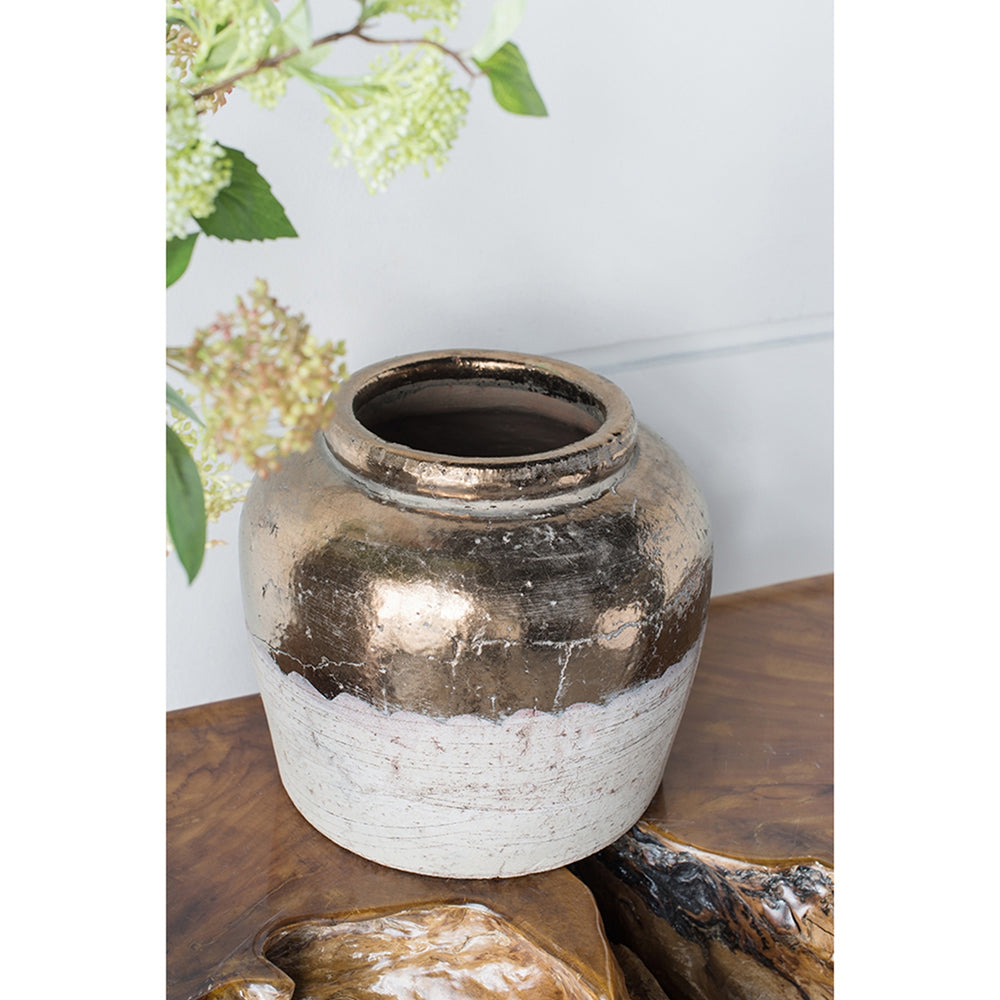 English Elm 13x13x11" Round Sienna Brown Ceramic Accent Vase with Metallic Sheen Distressed Finish for Shelves W2078P310229