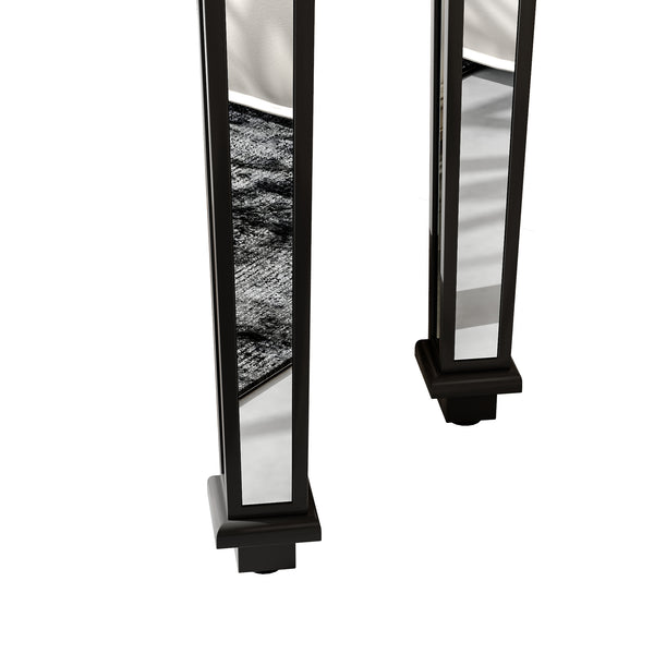 English Elm Black Mirror Console Table with Vintage Wood Carvings, Mirrored Finish, Elegant Entryway Focal Piece W1445P270519