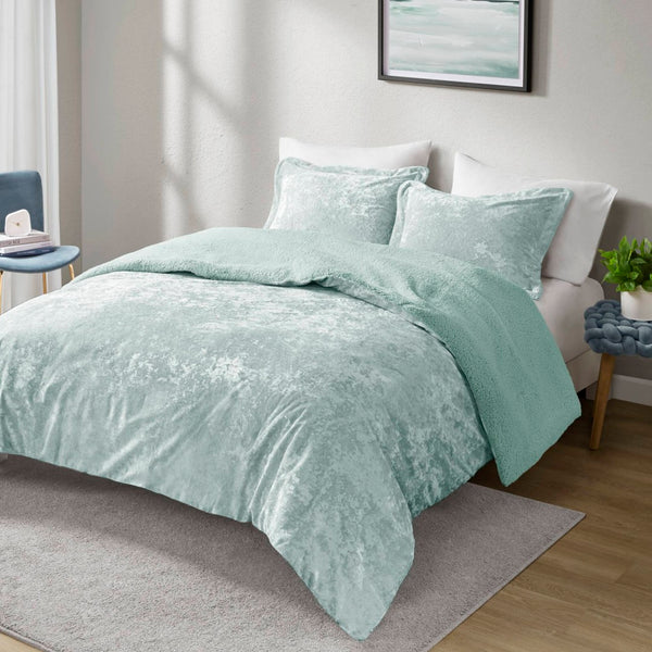 English Elm 3 Piece Crushed Velvet Reversible Comforter Set Full Queen Luxe Hypoallergenic Bedding Aqua B035P319860