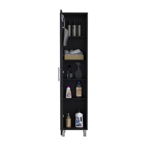 English Elm Laska 70" Tall Storage Cabinet Broom Closet in Black – 5 Shelves, Broom Hanger, Space-Saving Organizer B200P240253
