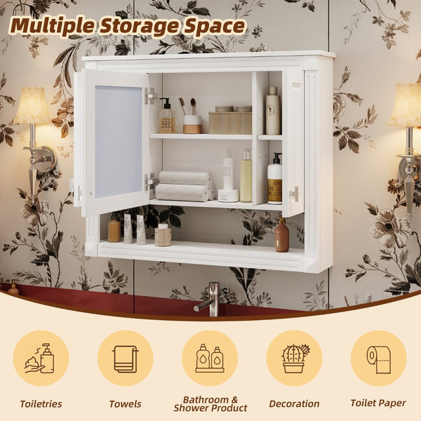 English Elm 35inch White Wall Mounted Medicine Cabinet Mirrored Doors Open Shelving Bathroom Storage N710P415335K
