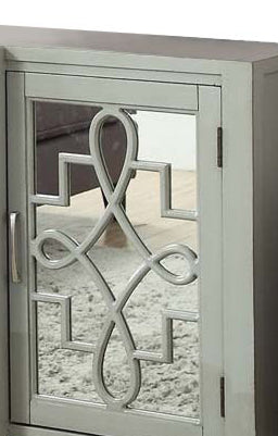 English Elm Kacia Antique Gray Console Cabinet with Mirrored Ornamental Doors, 4-Door Storage, Solid Wood Legs B2726P277146