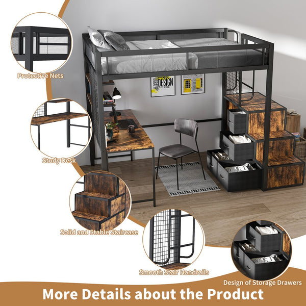 English Elm Full Loft Bed with Desk, 4 Cabinets & Staircase Storage — Metal Frame, Built-In USB/Outlets, Space-Saver Black W2700S00061