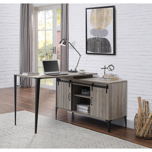 English Elm L-Shape Industrial Writing Desk with Side Cabinet and Sliding Doors for Organized Workstation and Cable Management Black,Grey B016P317517