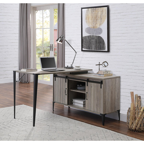 English Elm L-Shape Industrial Writing Desk with Side Cabinet and Sliding Doors for Organized Workstation and Cable Management Black,Grey B016P317517