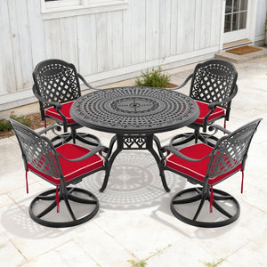 English Elm 5-piece Cast Aluminum Outdoor Dining Set with Ornate Swivel Chairs and Round Patio Table W1710S00307